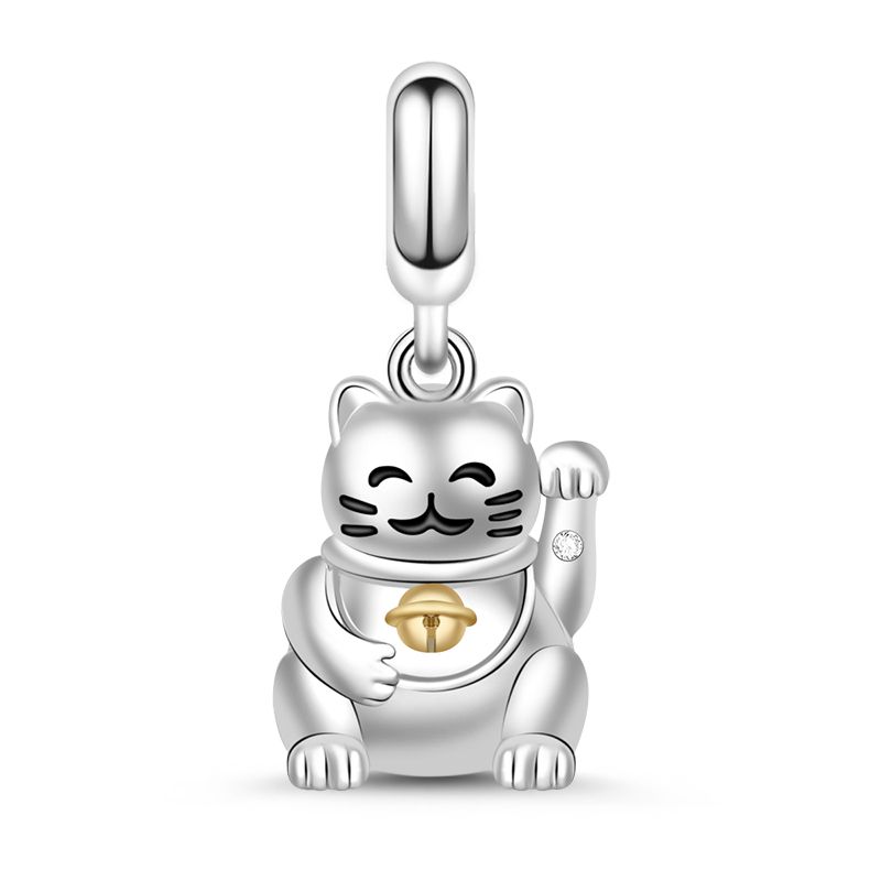 Lucky Cat Wearing Bell Dangle Charm S925 Sterling Silver Pendant Gift for Animal Lovers